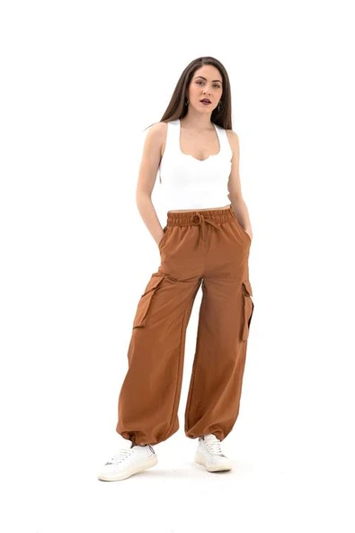 Yüksek Bel Beli ve Paçası Lastikli Paraşüt Kumaş Pantolon - Camel ürün görseli 1