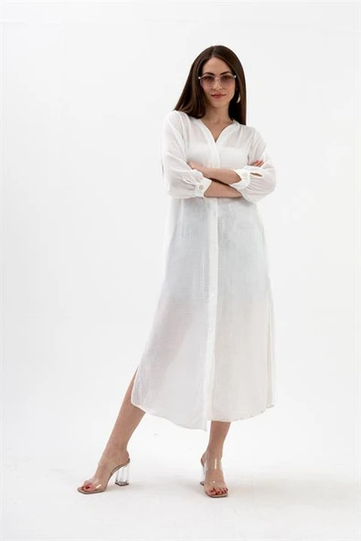 Truvakar Kol Önü Düğmeli Cepli Keten Elbise - Ekru - Resim 4