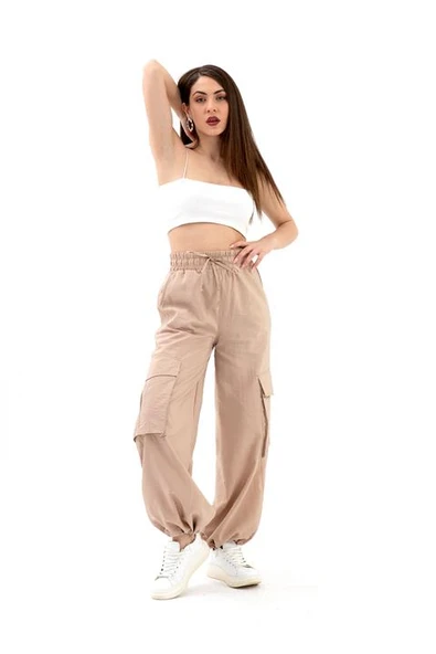 Yüksek Bel Beli ve Paçası Lastikli Paraşüt Kumaş Pantolon - Bej - Resim 2