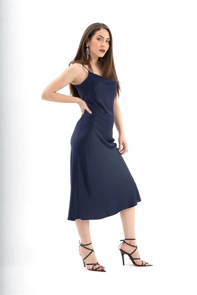 Ayarlanabilir Askılı Saten Elbise - Lacivert - Resim 4