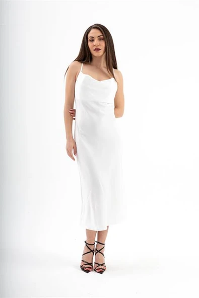 Ayarlanabilir Askılı Saten Elbise - Ekru - Resim 3