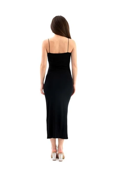 İnce Askılı Uzun Elbise - Siyah - Resim 8