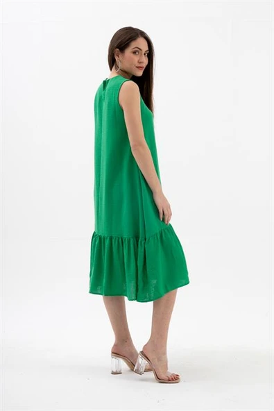 Kristal Keten Kolsuz Kadın Salaş Elbise - Yeşil - Resim 6