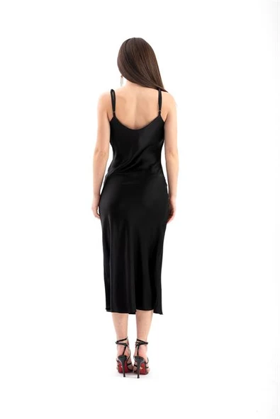 Ayarlanabilir Askılı Saten Elbise - Siyah - 5