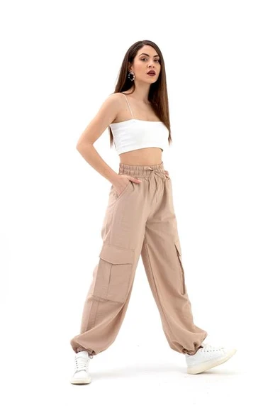 Yüksek Bel Beli ve Paçası Lastikli Paraşüt Kumaş Pantolon - Bej ürün görseli 1