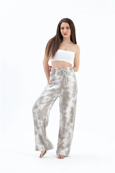 Beli Lastikli Batik Desen Parlak Kumaş Pantolon - Bej ürün görseli 1