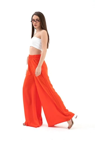 Geniş Kemerli Bol Paça Düz Keten Kadın Pantolon - Oranj - Resim 4