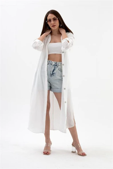 Truvakar Kol Önü Düğmeli Cepli Keten Elbise - Ekru ürün görseli 1