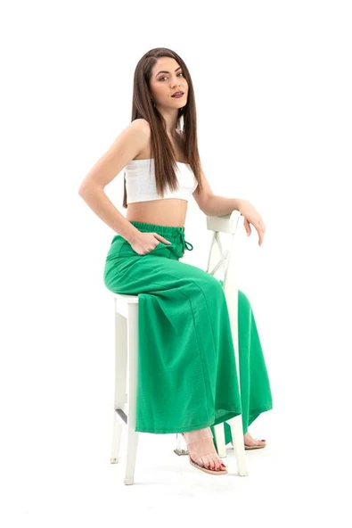 Geniş Kemerli Bol Paça Düz Keten Kadın Pantolon - Yeşil - Resim 4