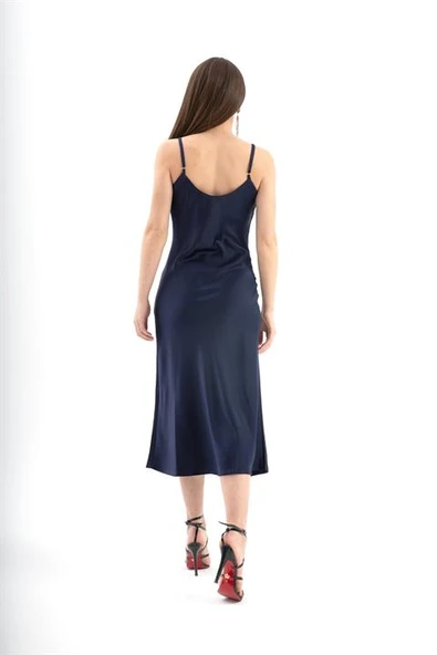 Ayarlanabilir Askılı Saten Elbise - Lacivert - Resim 6