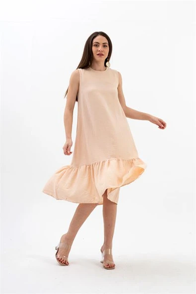 Kristal Keten Kolsuz Kadın Salaş Elbise - Somon ürün görseli 1