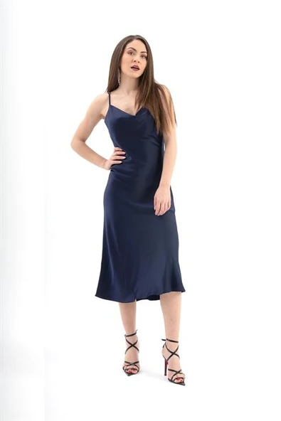 Ayarlanabilir Askılı Saten Elbise - Lacivert - Resim 2