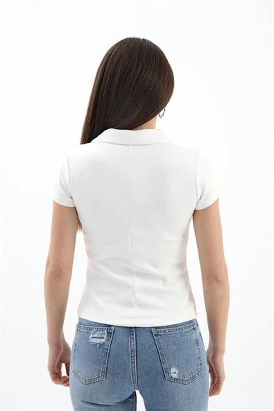 Yakalı Kısa Kol Yarım Fermuarlı Tshirt - Ekru - Resim 6