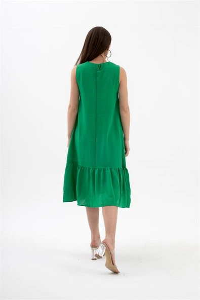 Kristal Keten Kolsuz Kadın Salaş Elbise - Yeşil - Resim 7