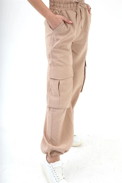 Yüksek Bel Beli ve Paçası Lastikli Paraşüt Kumaş Pantolon - Bej - Resim 6