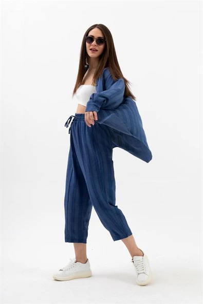 Krinkıl Kumaş Keten İkili Takım - İndigo - Resim 2