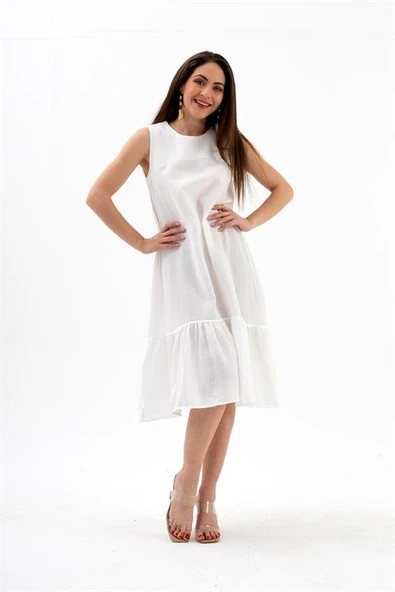 Kristal Keten Kolsuz Kadın Salaş Elbise - Ekru ürün görseli 1