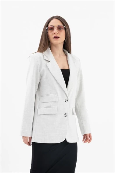 Üç Cep Kapaklı Kolu Arma Detaylı Poliviskon Ceket - Gri - Resim 5