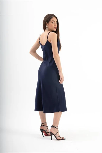 Ayarlanabilir Askılı Saten Elbise - Lacivert - Resim 5