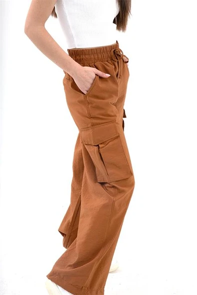 Yüksek Bel Beli ve Paçası Lastikli Paraşüt Kumaş Pantolon - Camel - Resim 4