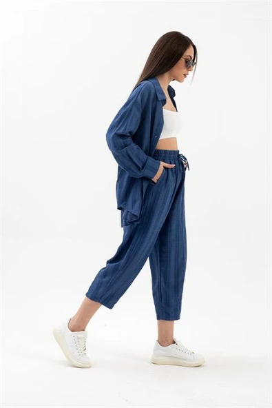 Krinkıl Kumaş Keten İkili Takım - İndigo - Resim 3