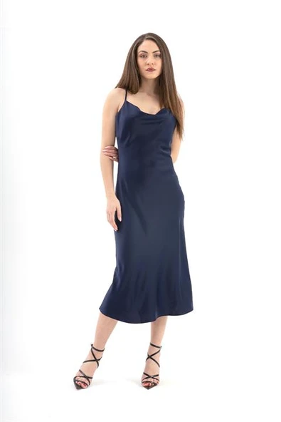 Ayarlanabilir Askılı Saten Elbise - Lacivert - Resim 3