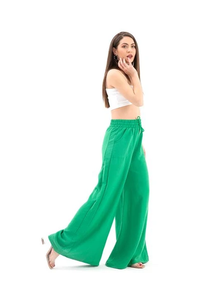 Geniş Kemerli Bol Paça Düz Keten Kadın Pantolon - Yeşil - Resim 5