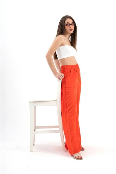 Geniş Kemerli Bol Paça Düz Keten Kadın Pantolon - Oranj - Resim 5