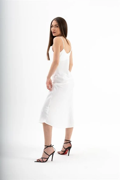 Ayarlanabilir Askılı Saten Elbise - Ekru - Resim 4