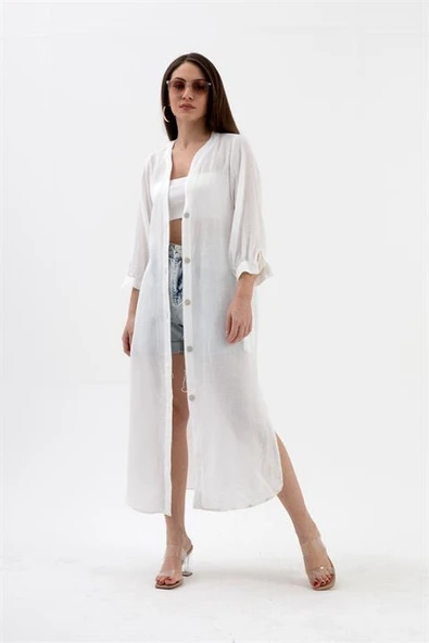 Truvakar Kol Önü Düğmeli Cepli Keten Elbise - Ekru - Resim 5