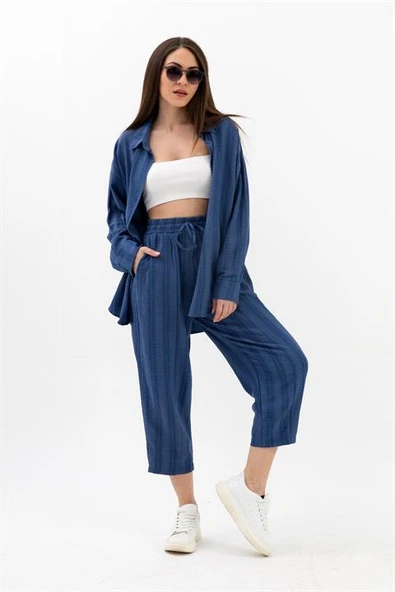 Krinkıl Kumaş Keten İkili Takım - İndigo ürün görseli 1