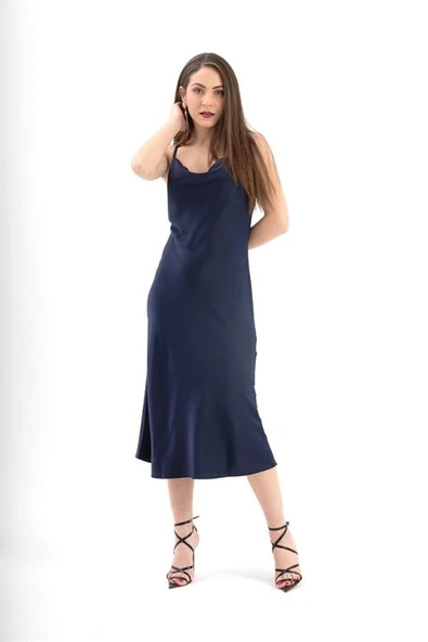 Ayarlanabilir Askılı Saten Elbise - Lacivert ürün görseli