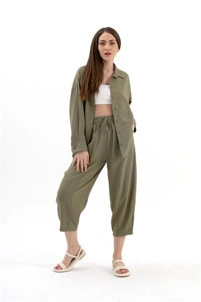 Krinkıl Kumaş Keten İkili Takım - Haki - Resim 2
