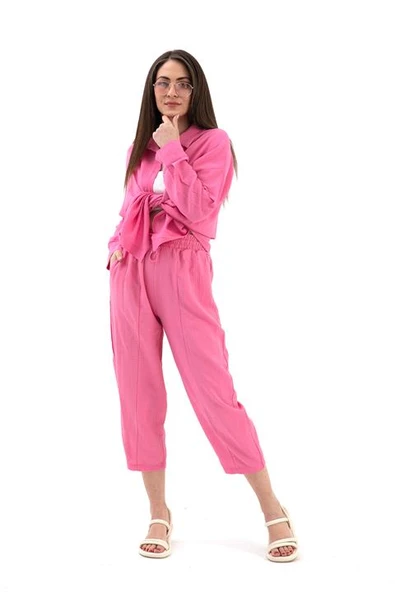 Krinkıl Kumaş Keten İkili Takım - Pembe - Resim 4