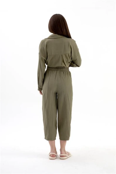Krinkıl Kumaş Keten İkili Takım - Haki - Resim 4
