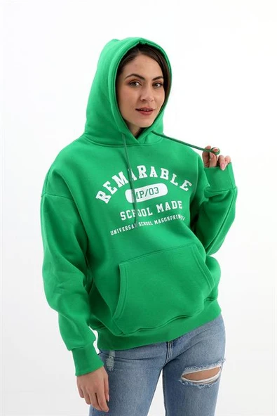 Kapüşonlu School Baskılı Üç İplik Sweat - Zümrüt - Resim 4