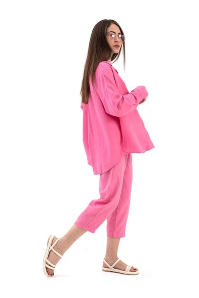 Krinkıl Kumaş Keten İkili Takım - Pembe - Resim 3