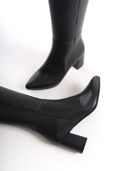 Sekom Siyah Hakiki Deri Kalın Topuklu Kadın Çizme - 2