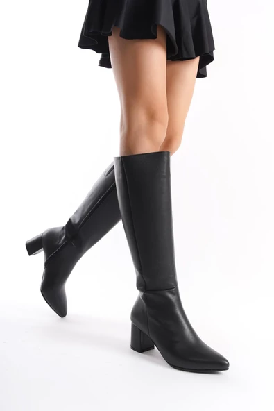 Sekom Siyah Hakiki Deri Kalın Topuklu Kadın Çizme - 3
