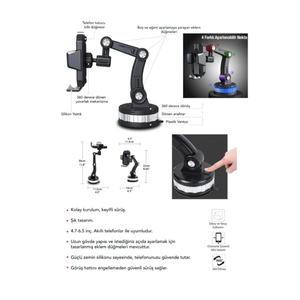 QASUL 360 DERECE DÖNEBİLEN AYARLANABİLİR ARAÇ İÇİ TELEFON TUTUCU - 8