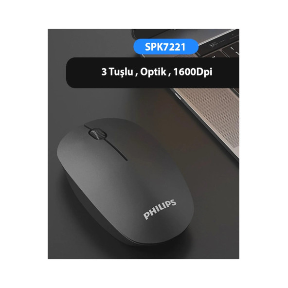 Philips M221 Sessiz Kablosuz Wireless Mouse 2.4Ghz 1600 Dpi Siyah ( Usb alıcısı kapağın içindedir ) - 2