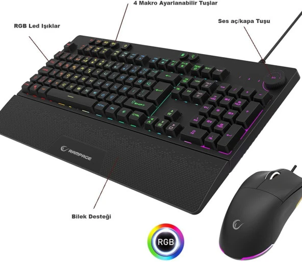 Rampage Eclipse Siyah Usb Rgb Aydınlatmalı Q Gaming Oyuncu Klavye Mouse Set 12800 Dpi - 2