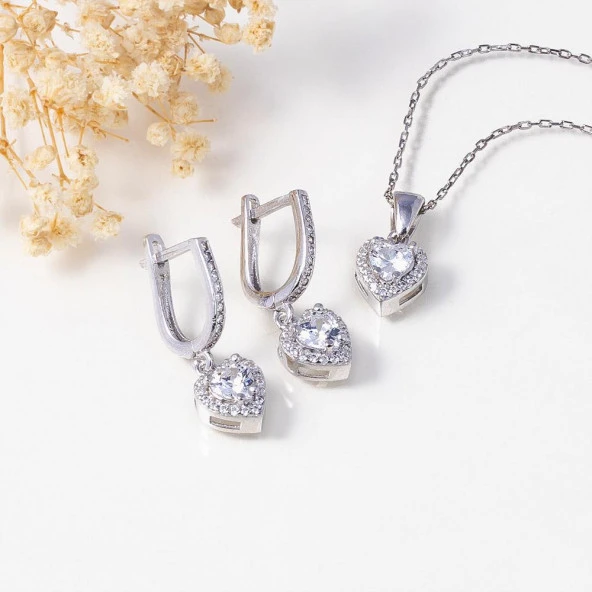 Gümüş Pazarım Rodyum Kaplama Kalp Gümüş Set