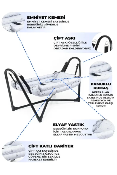 Neptün Metal Beşik Hamak Gri Pamuklu Kumaş - 4