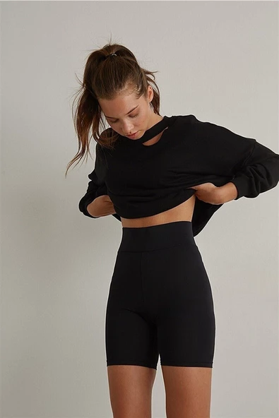 Vogsign Kadın Siyah Yüksek Bel Fitilli Spor Kısa Şort Tayt Toparlayıcı 366 - 4