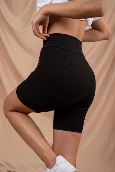 Vogsign Kadın Siyah Yüksek Bel Fitilli Spor Kısa Şort Tayt Toparlayıcı 366 - 2