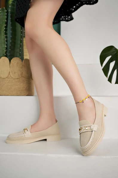 Muggo WİNCE Garantili Triko Metal Tokalı Kadın Loafer Günlük Ayakkabı - 2