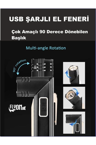 ŞARJLI ÇOK AMAÇLI HEM EL FENERİ HEM KAFA LAMBASI 360 DERECE DÖNEBİLEN BAŞLIK KAMP LAMBASI FLAŞÖR - 2
