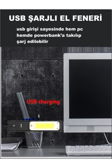 ŞARJLI ÇOK AMAÇLI HEM EL FENERİ HEM KAFA LAMBASI 360 DERECE DÖNEBİLEN BAŞLIK KAMP LAMBASI FLAŞÖR - 5