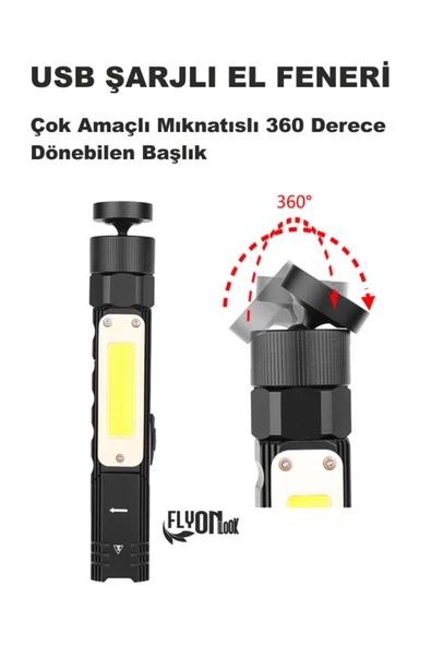 ŞARJLI ÇOK AMAÇLI HEM EL FENERİ HEM KAFA LAMBASI 360 DERECE DÖNEBİLEN BAŞLIK KAMP LAMBASI FLAŞÖR - 6